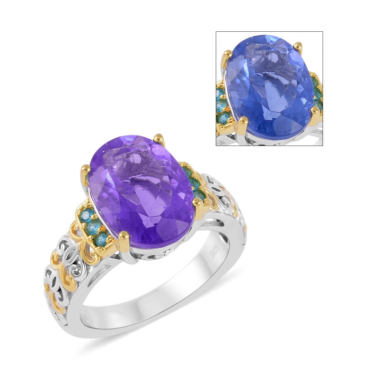 Color Change Fluorite (IR) and Malgache Neon Apatite Ring in Vermeil Yellow Gold and Platinum Over Sterling Silver (Size 9.0) 7.00 ctw image number 0