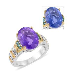 Color Change Fluorite (IR) and Malgache Neon Apatite Ring in Vermeil Yellow Gold and Platinum Over Sterling Silver (Size 9.0) 7.00 ctw