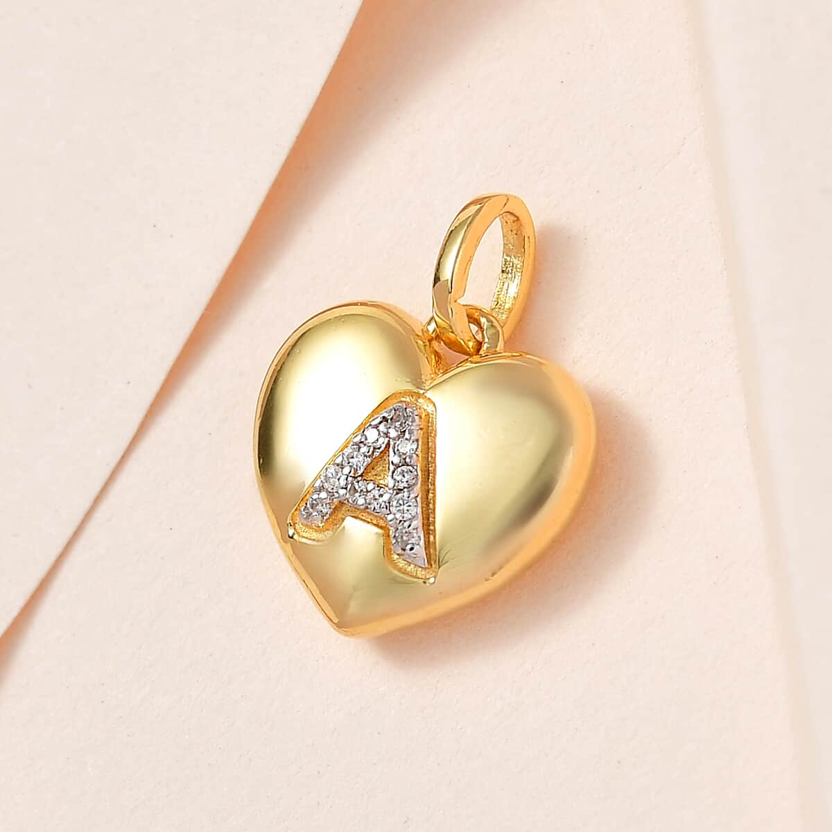 Mother’s Day Gift White Zircon Initial A Heart Pendant in Vermeil YG Over Sterling Silver 0.10 ctw image number 1