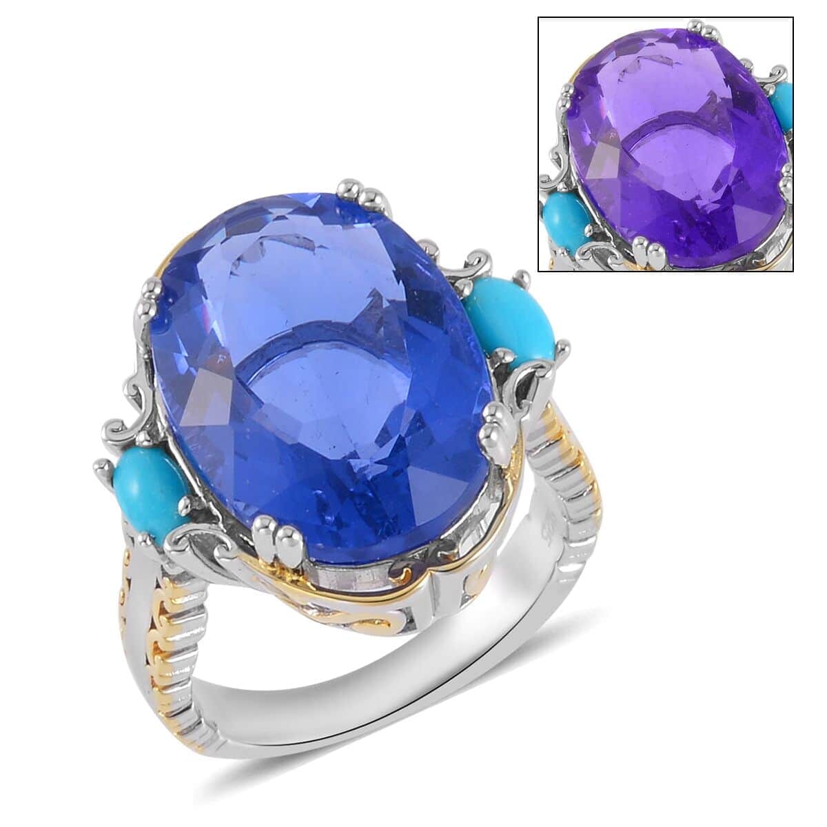 Color Change Fluorite (IR) and Sleeping Beauty Turquoise Ring in Vermeil Yellow Gold and Platinum Over Sterling Silver 14.65 ctw image number 0