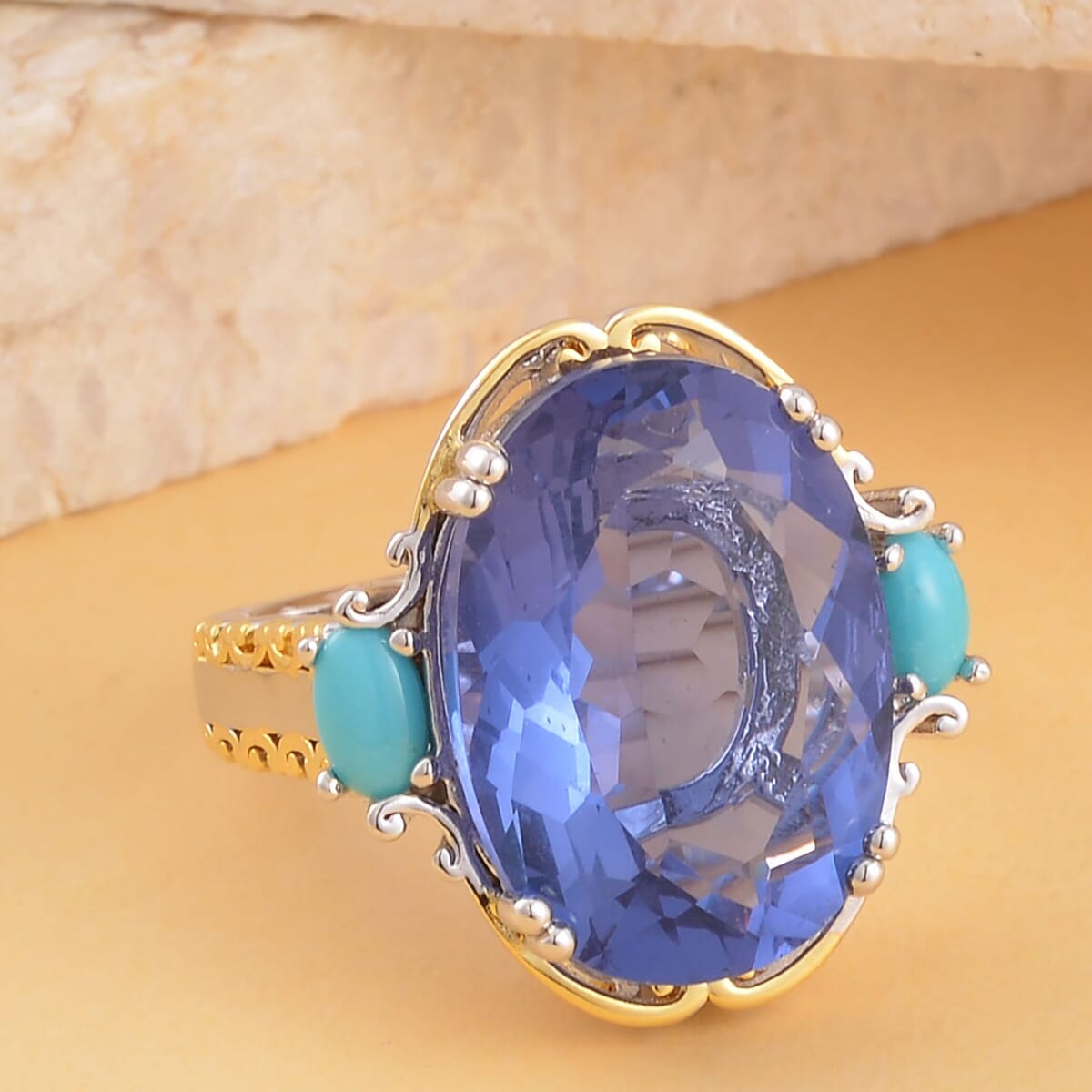 Color Change Fluorite (IR) and Sleeping Beauty Turquoise Ring in Vermeil Yellow Gold and Platinum Over Sterling Silver 14.65 ctw image number 1