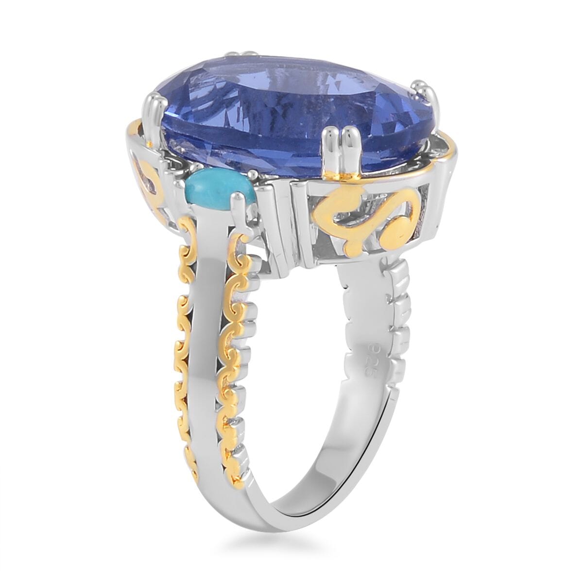 Color Change Fluorite (IR) and Sleeping Beauty Turquoise Ring in Vermeil Yellow Gold and Platinum Over Sterling Silver 14.65 ctw image number 3