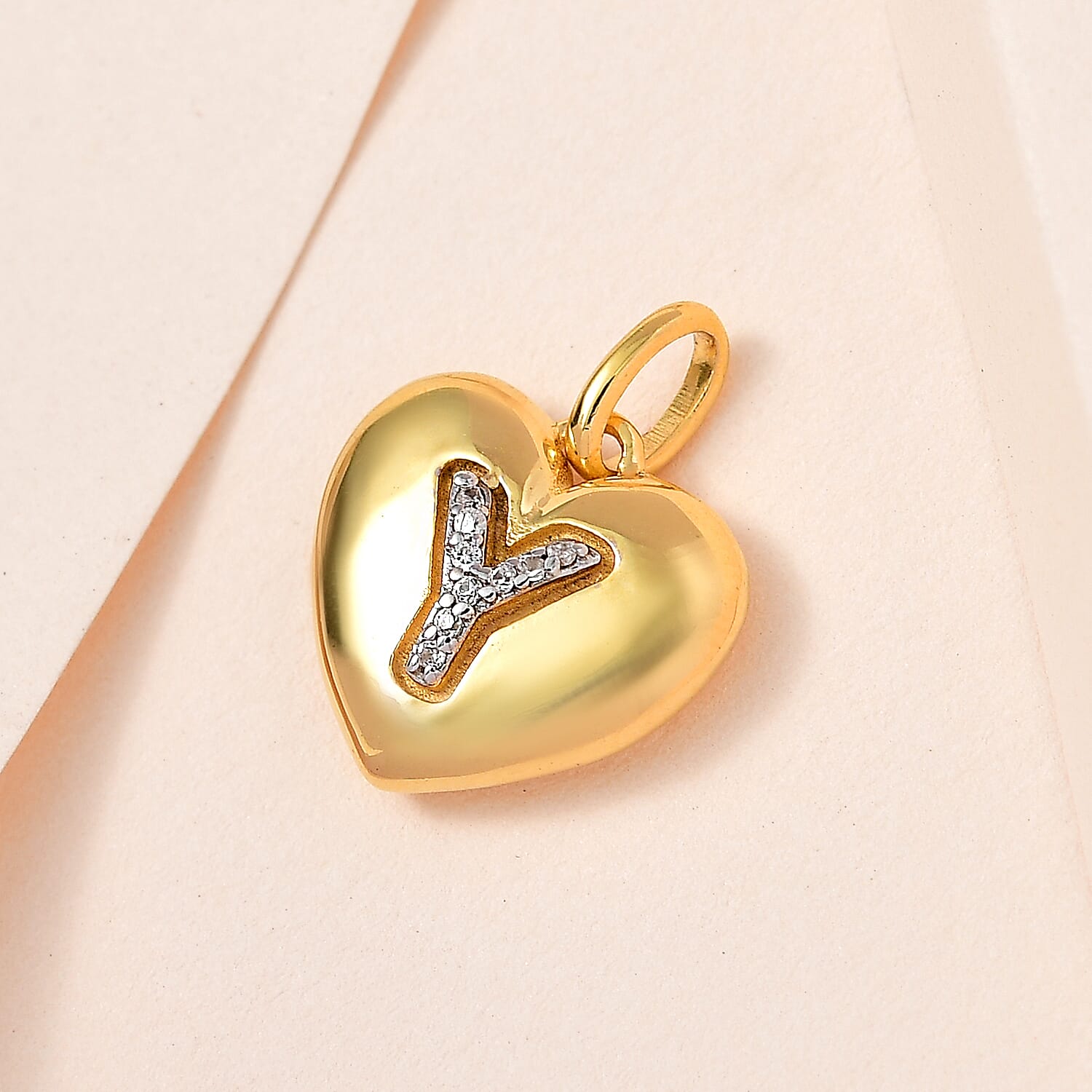 White Zircon Initial Y Heart Pendant in Vermeil Yellow Gold Over Sterling Silver 0.05 ctw