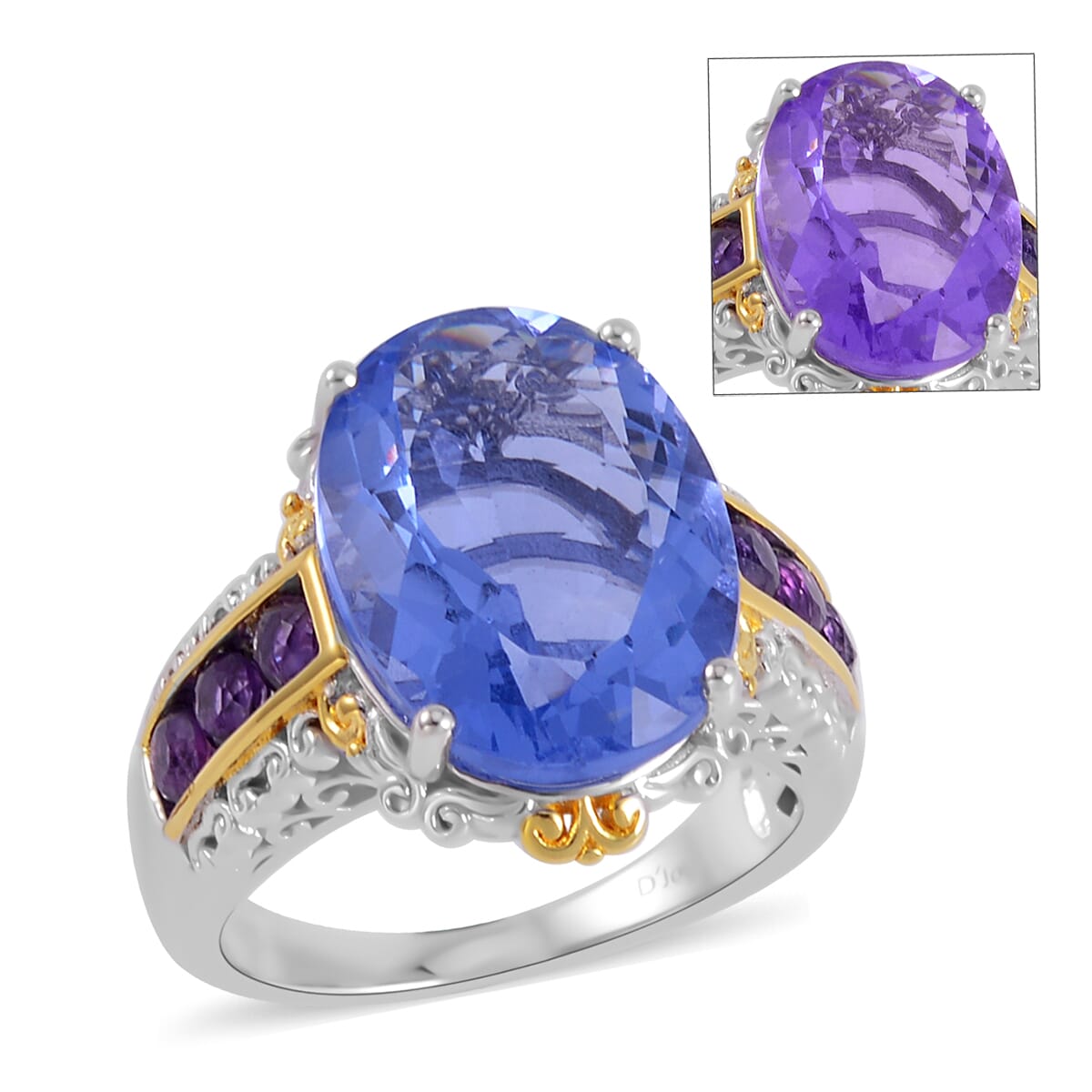 Color Change Fluorite (IR) and Amethyst Ring in Vermeil Yellow Gold and Platinum Over Sterling Silver 11.40 ctw image number 0