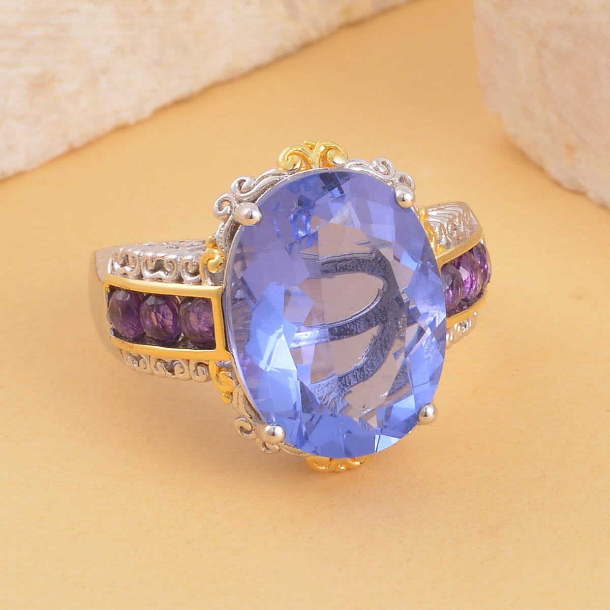 Color Change Fluorite (IR) and Amethyst Ring in Vermeil Yellow Gold and Platinum Over Sterling Silver 11.40 ctw image number 1