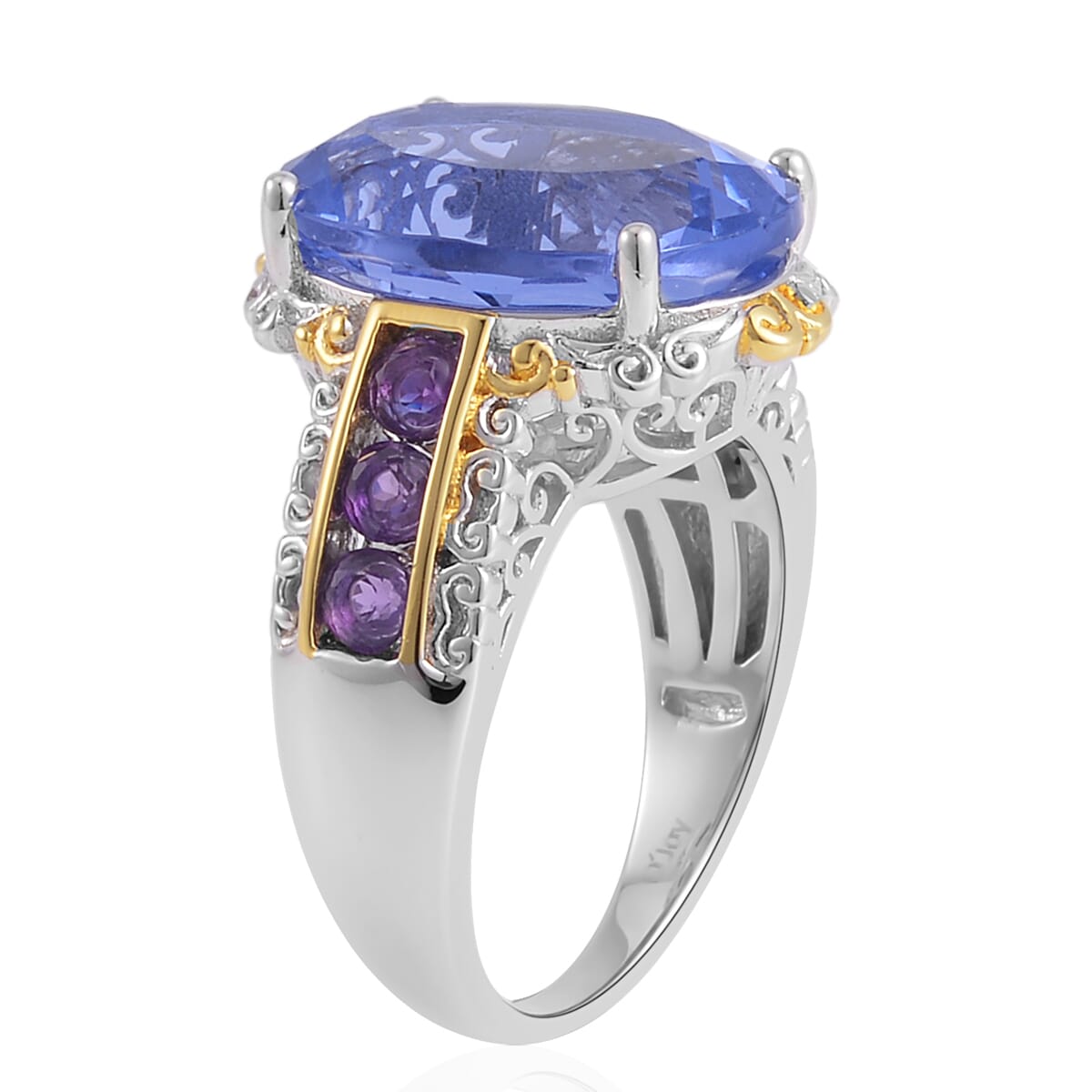 Color Change Fluorite (IR) and Amethyst Ring in Vermeil Yellow Gold and Platinum Over Sterling Silver 11.40 ctw image number 3