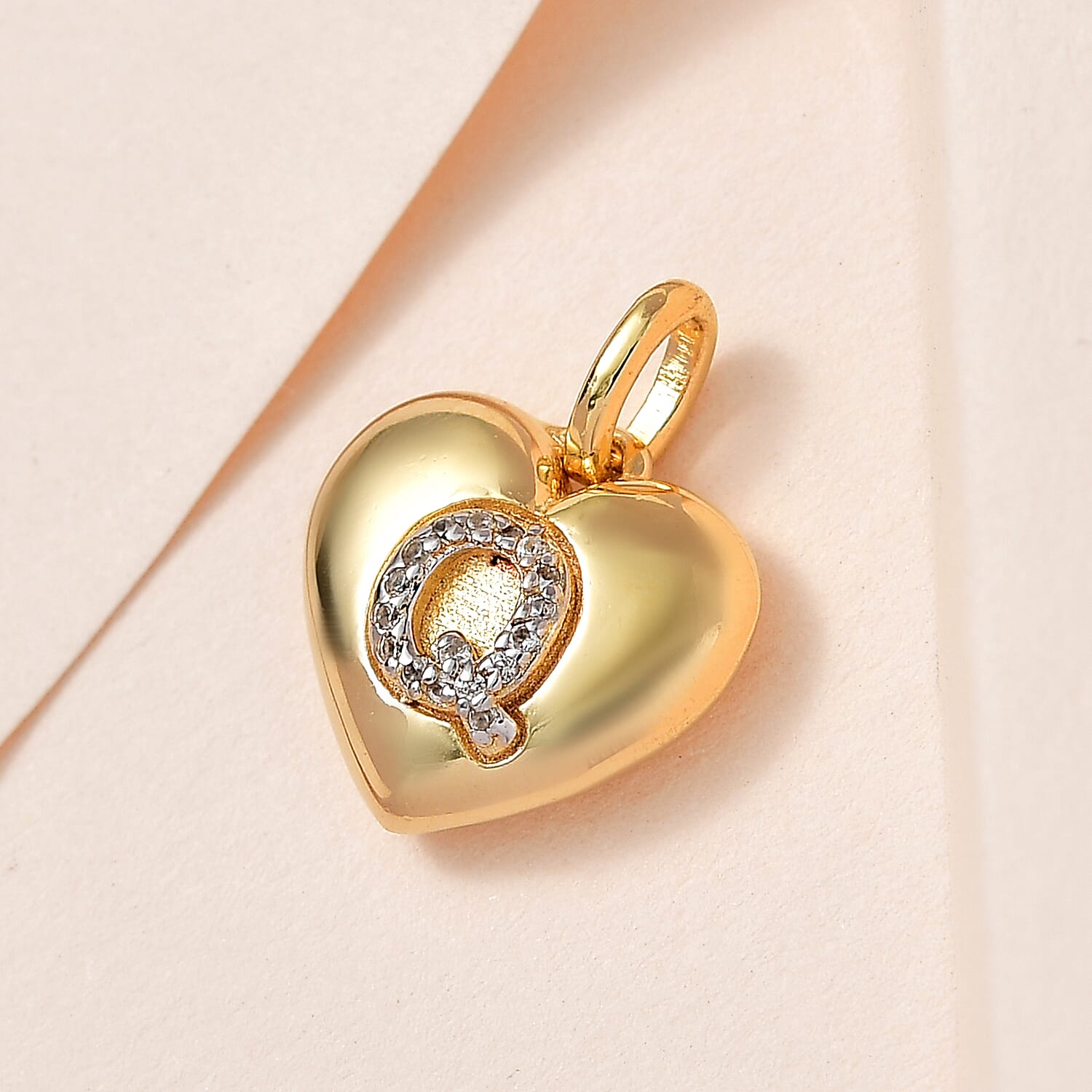 White Zircon Initial Q Heart Pendant in Vermeil Yellow Gold Over Sterling Silver 0.10 ctw