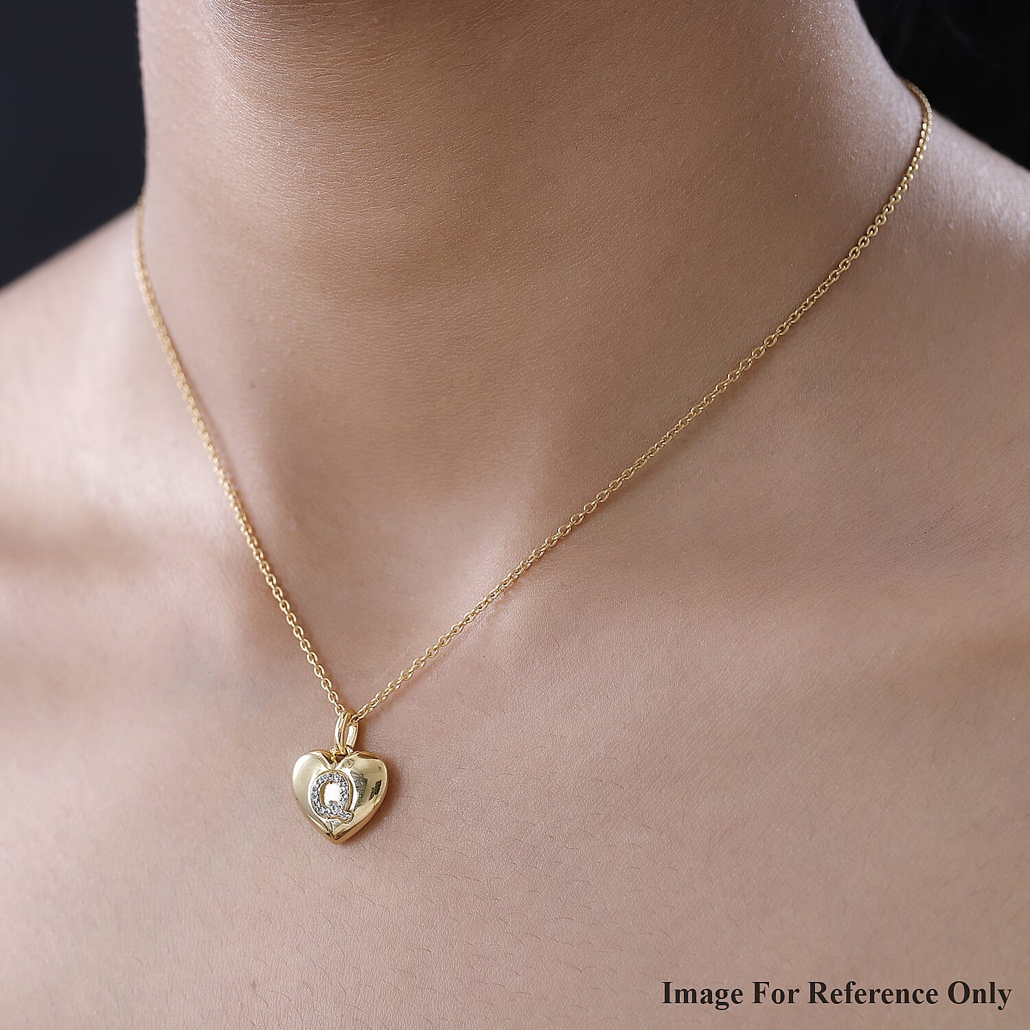 White Zircon Initial Q Heart Pendant in Vermeil Yellow Gold Over Sterling Silver 0.10 ctw