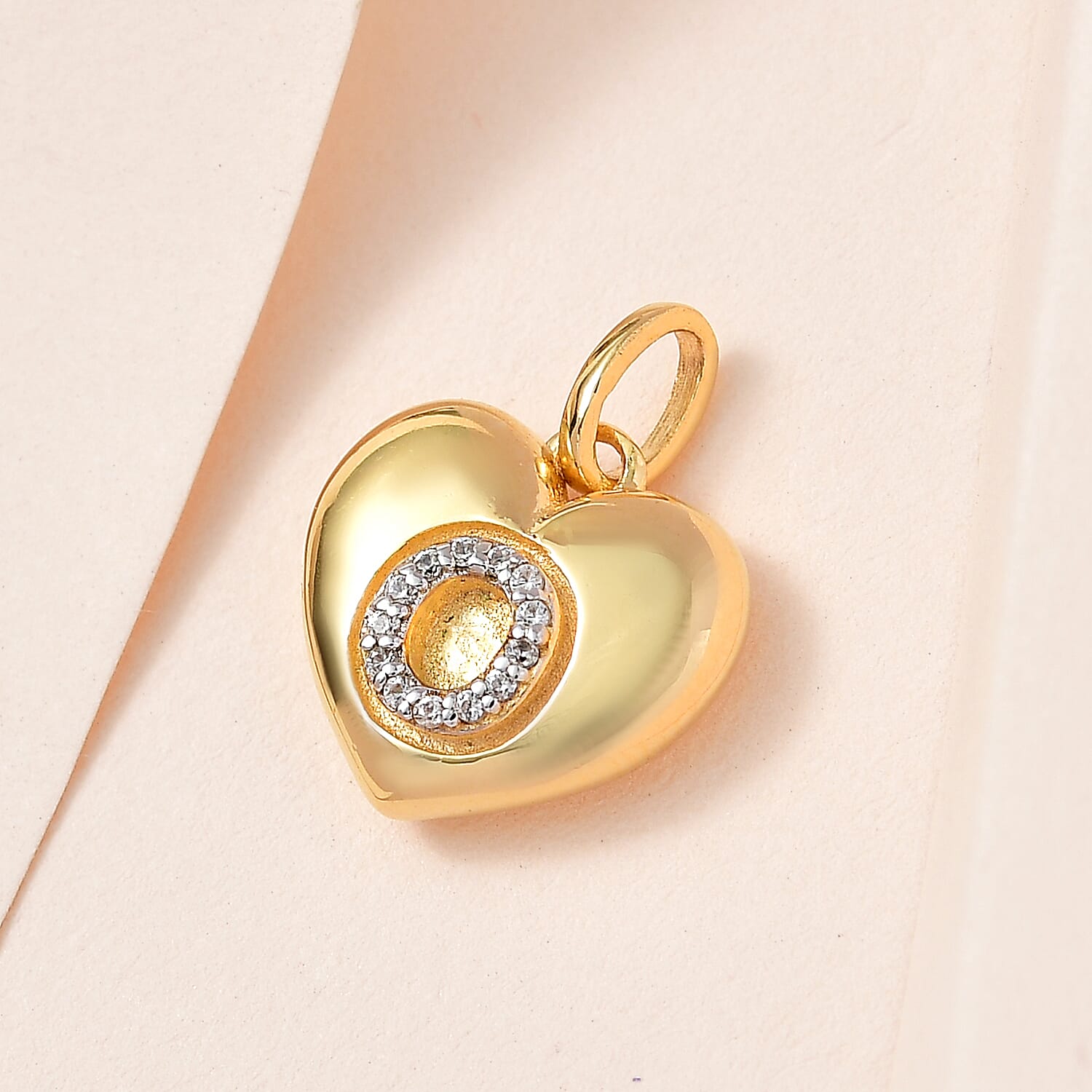 White Zircon Initial O Heart Pendant in Vermeil Yellow Gold Over Sterling Silver 0.08 ctw