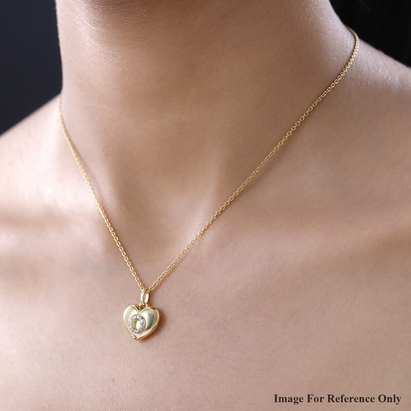 White Zircon Initial O Heart Pendant in Vermeil Yellow Gold Over Sterling Silver 0.08 ctw