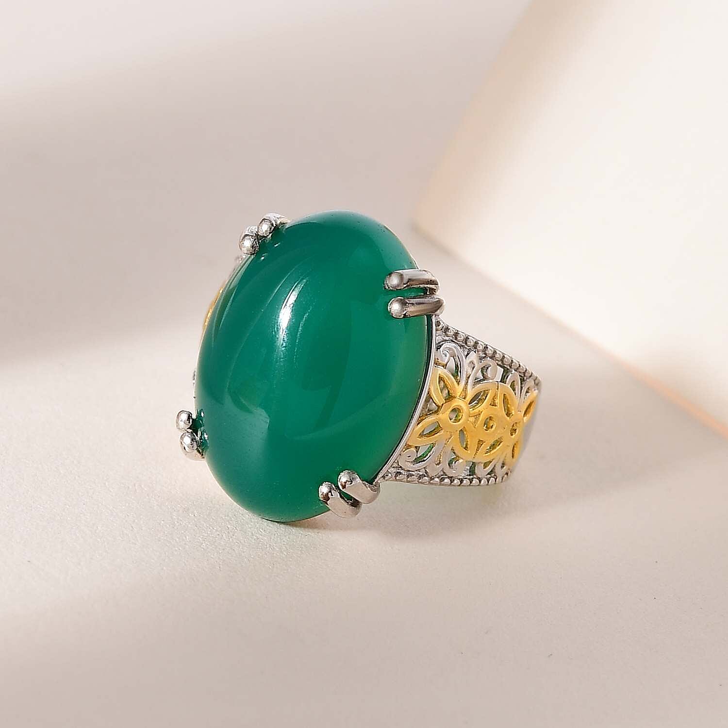 Karis Green Onyx Solitaire Ring in 18K YG Plated and Platinum Bond (Size 10.0) 11.85 ctw