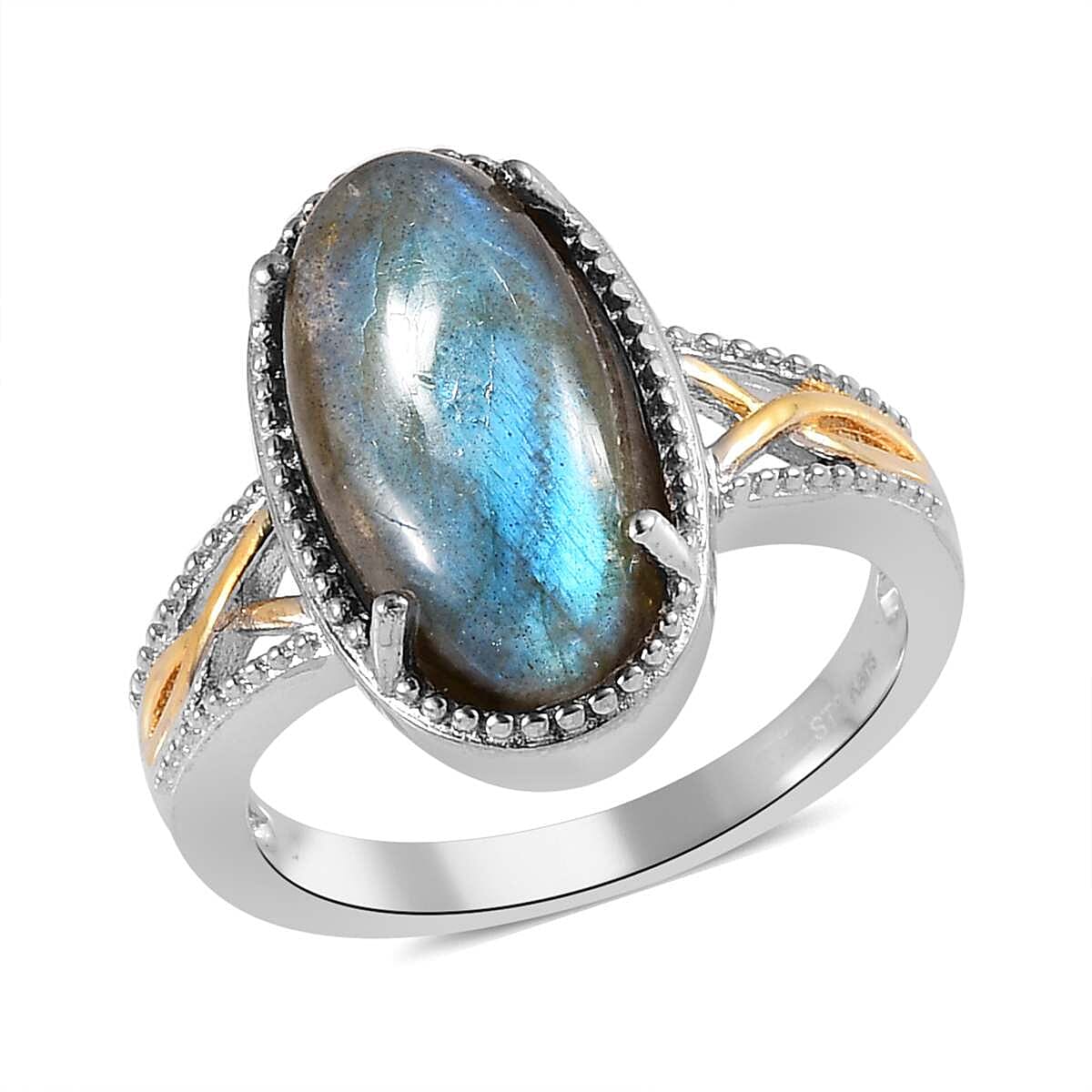 Karis Malagasy Labradorite Solitaire Ring in 18K YG Plated and Platinum Bond (Size 10.0) 5.50 ctw