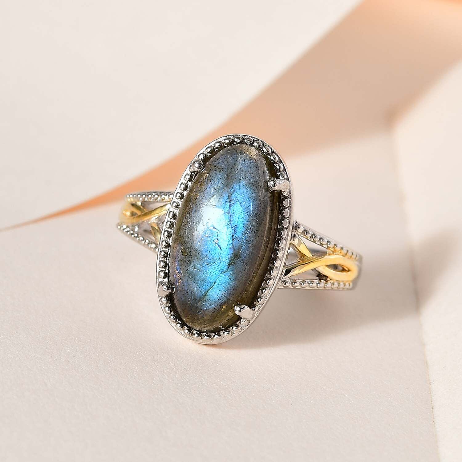 Karis Malagasy Labradorite Solitaire Ring in 18K YG Plated and Platinum Bond (Size 10.0) 5.50 ctw