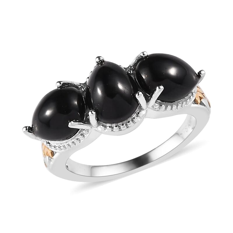 Karis Thai Black Spinel 3 Stone Ring in 18K YG Plated and Platinum Bond (Size 10.0) 5.25 ctw
