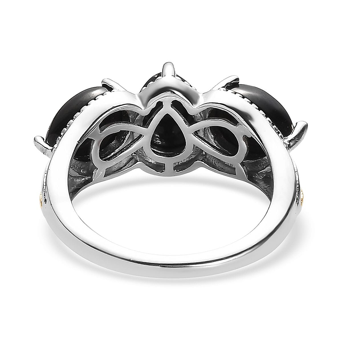 Karis Thai Black Spinel 3 Stone Ring in 18K YG Plated and Platinum Bond (Size 10.0) 5.25 ctw