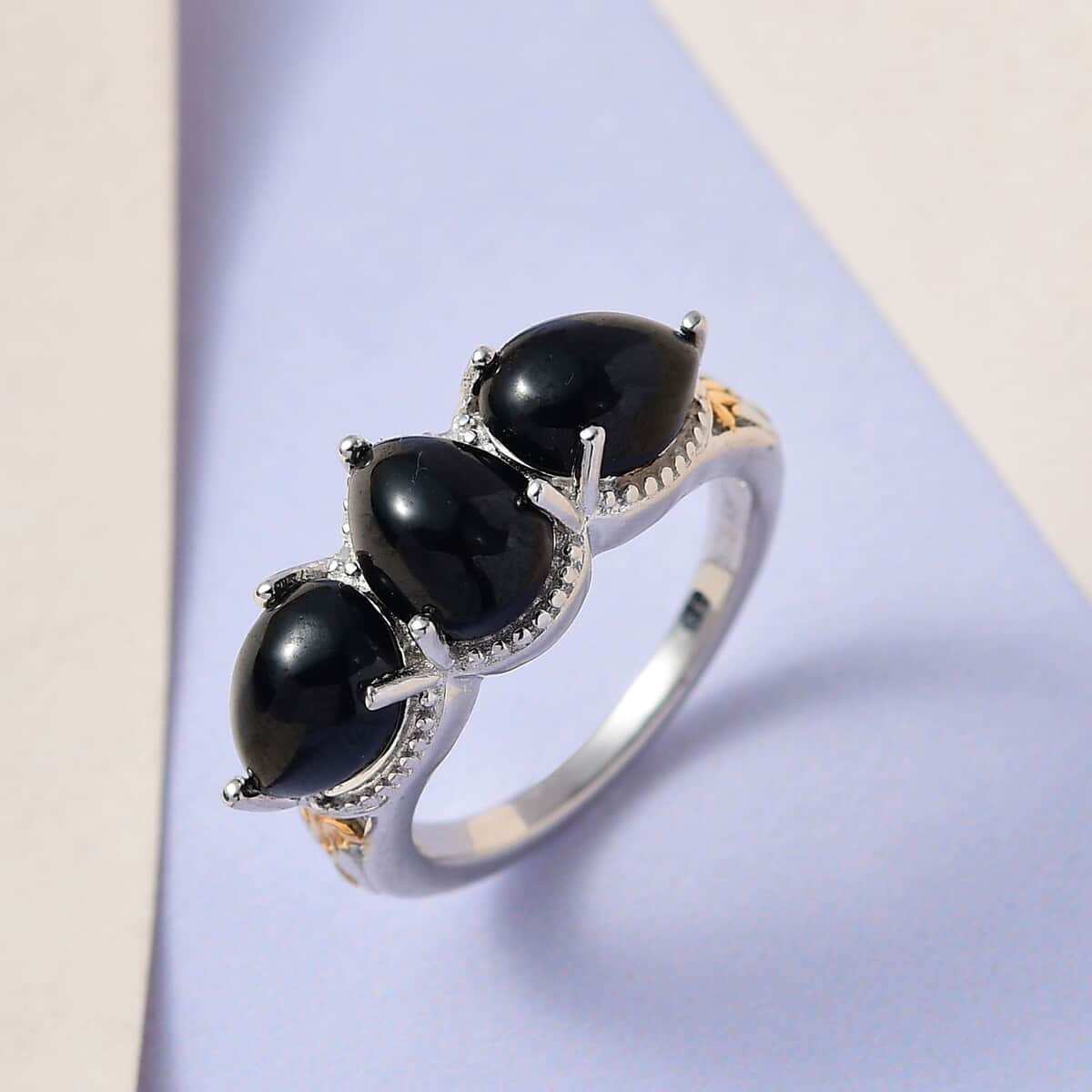 Karis Thai Black Spinel 3 Stone Ring in 18K YG Plated and Platinum Bond (Size 8.0) 5.25 ctw image number 1