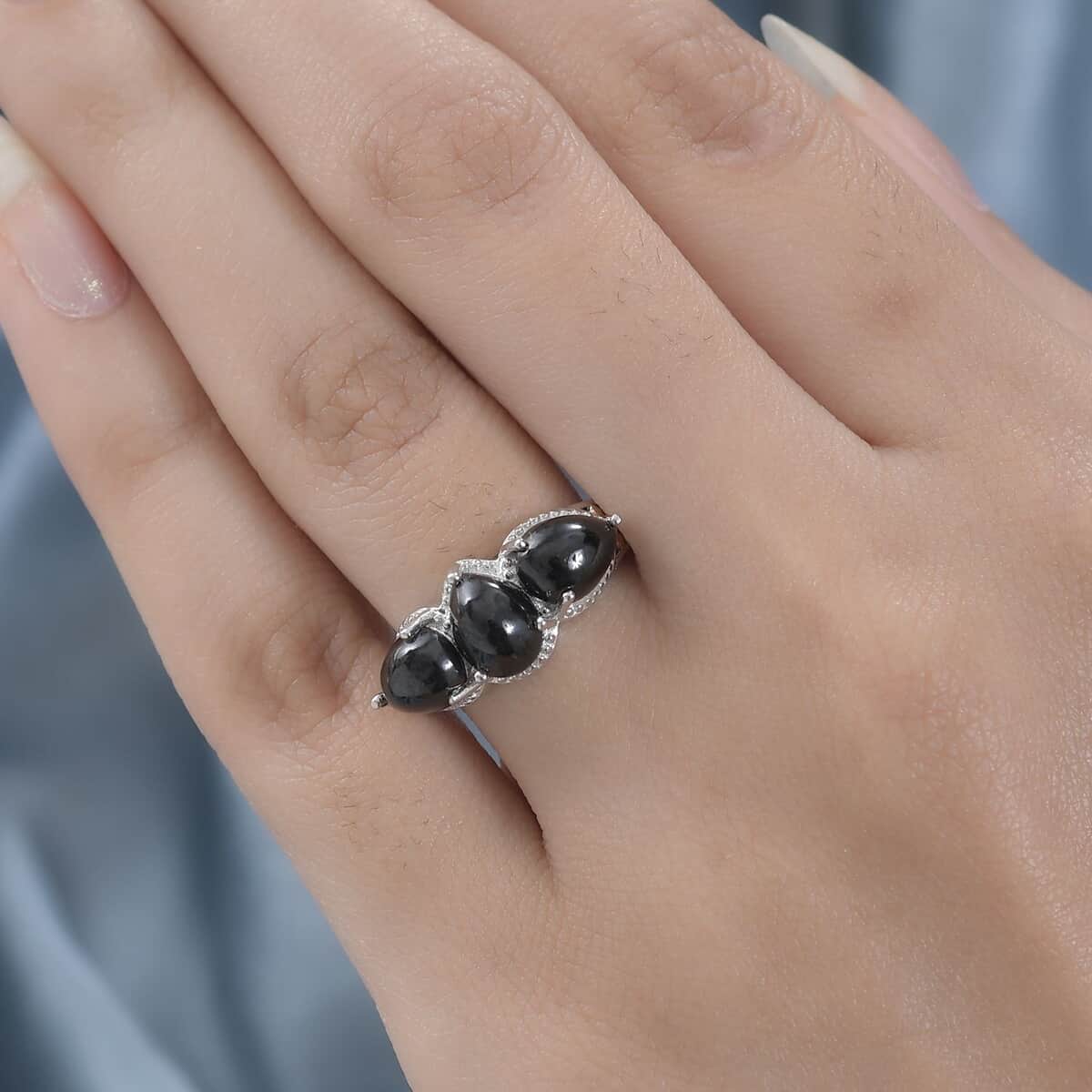 Karis Thai Black Spinel 3 Stone Ring in 18K YG Plated and Platinum Bond (Size 8.0) 5.25 ctw image number 2