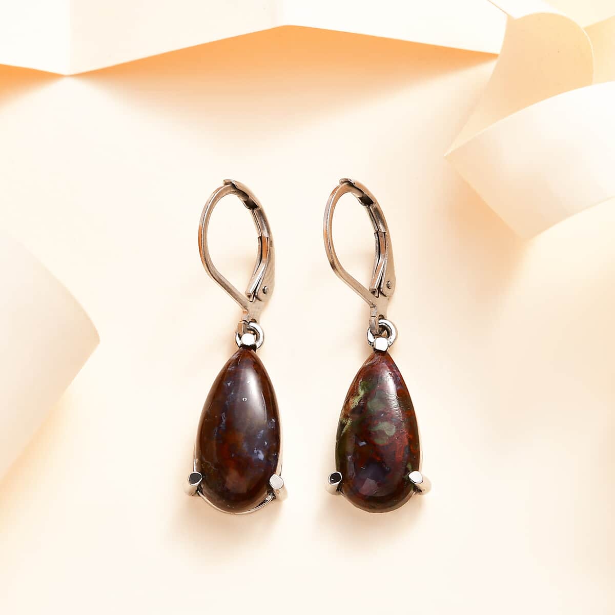 Red Lighting Jasper Lever Back Earrings in Stainless Steel 9.25 ctw image number 1