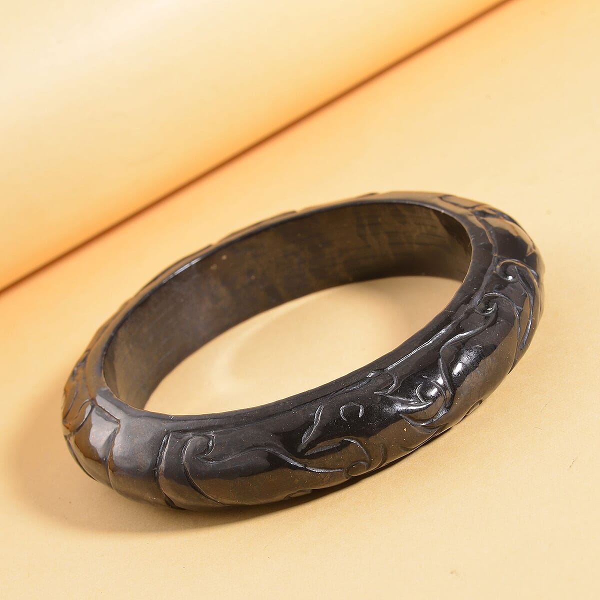 Shungite Wide Carved Dragon & Phoenix Bangle Bracelet (7.25 In) 230.00 ctw image number 1