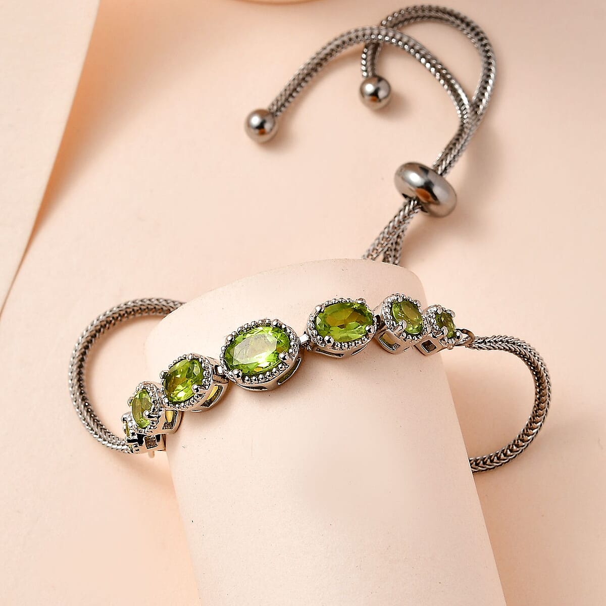 Karis Peridot Bolo Bracelet in Platinum Bond & Stainless Steel 2.50 ctw , Tarnish-Free, Waterproof, Sweat Proof Jewelry image number 1