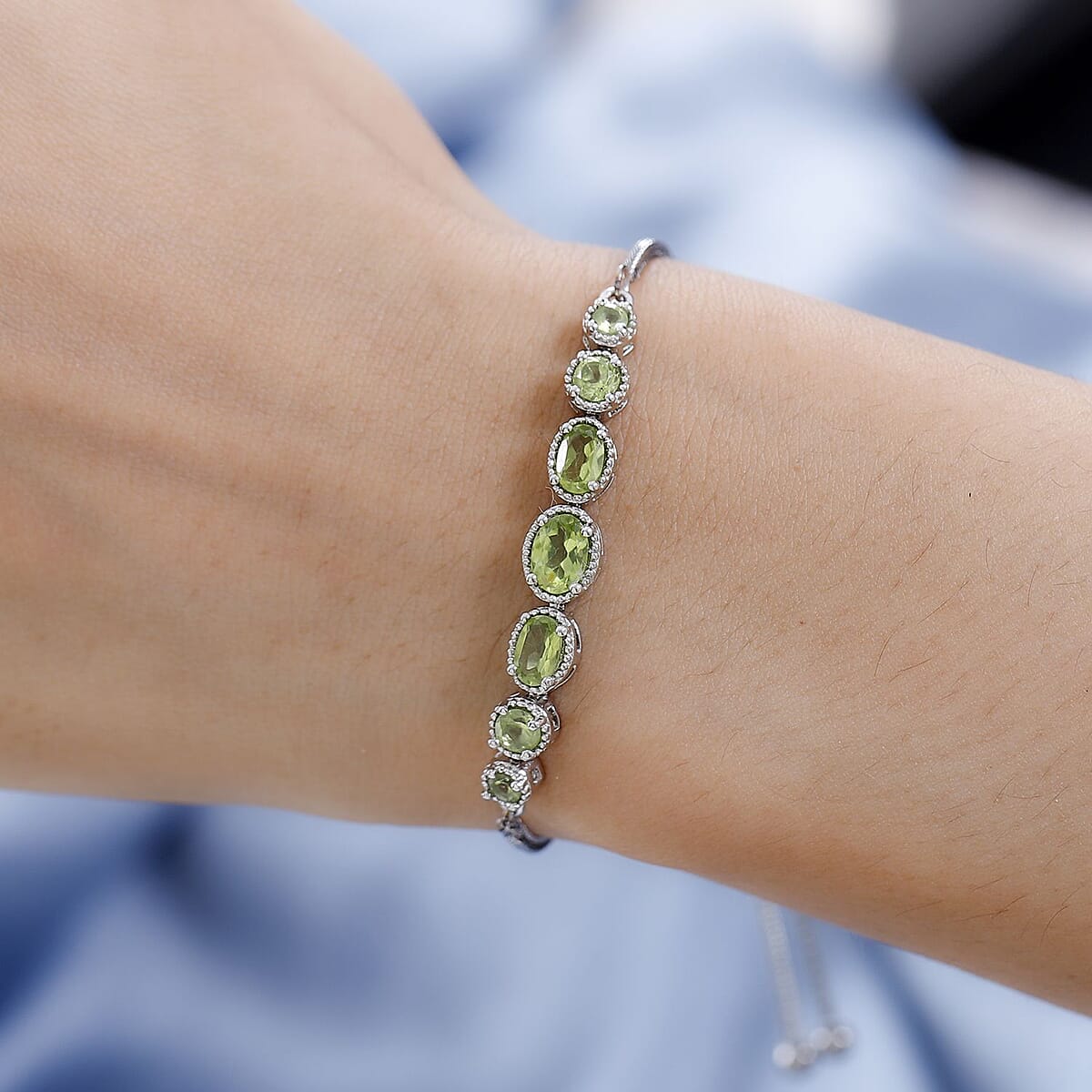 Karis Peridot Bolo Bracelet in Platinum Bond & Stainless Steel 2.50 ctw , Tarnish-Free, Waterproof, Sweat Proof Jewelry image number 2