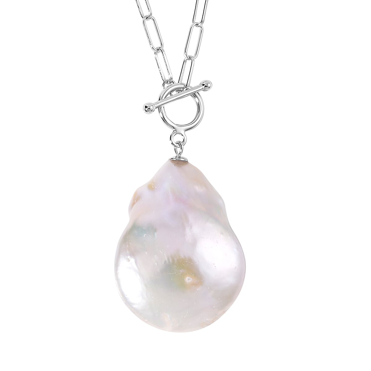 Organic Shape White Baroque Pearl Paper Clip Chain Necklace 20 Inches in Rhodium Over Sterling Silver