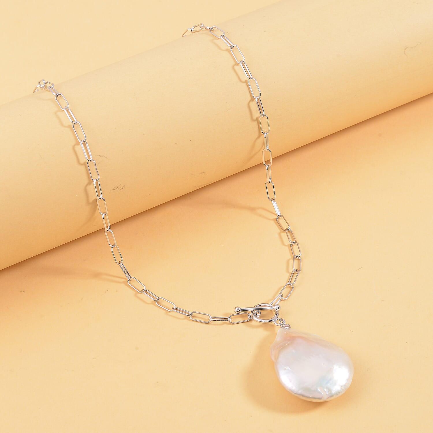 Organic Shape White Baroque Pearl Paper Clip Chain Necklace 20 Inches in Rhodium Over Sterling Silver