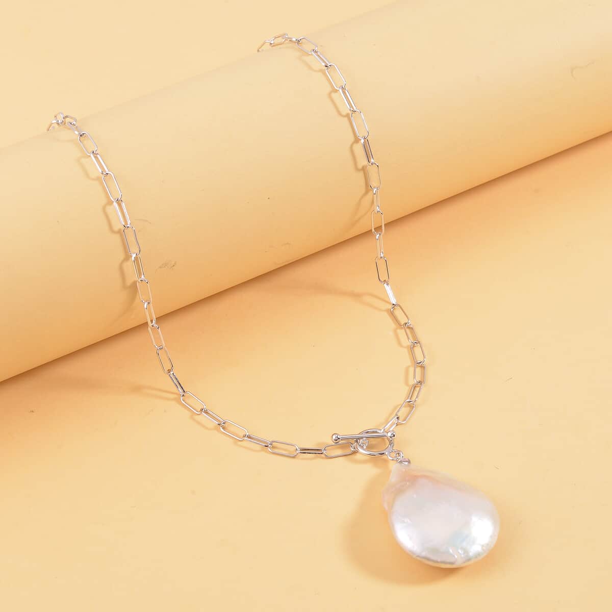 Organic Shape White Baroque Pearl Paper Clip Chain Necklace 20 Inches in Rhodium Over Sterling Silver image number 1