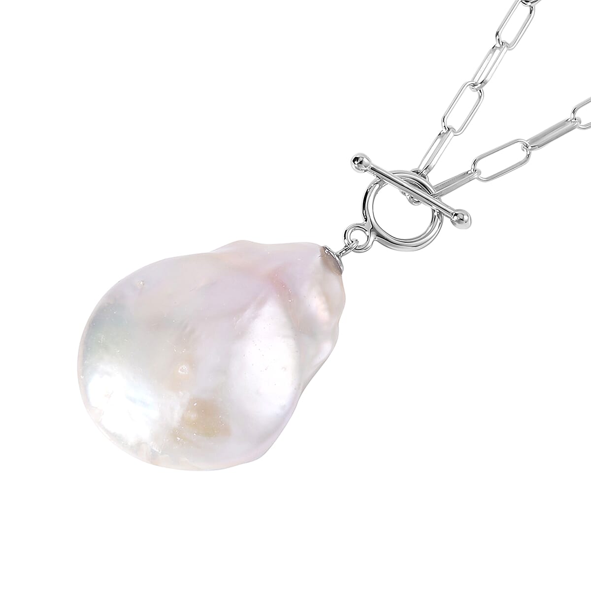 Organic Shape White Baroque Pearl Paper Clip Chain Necklace 20 Inches in Rhodium Over Sterling Silver