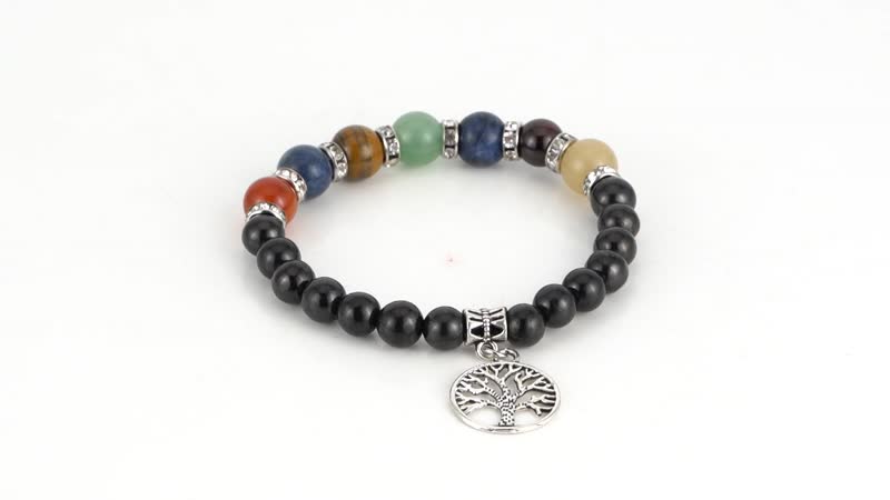 Shungite and Multi Gemstone Beaded Stretch Chakra  Bracelet with Tree of Life Charm in Silvertone (6.50-7.0In) 101.00 ctw