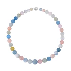 Pink Morganite, Aquamarine, Heliodor Beaded Necklace 20 Inches in Rhodium Over Sterling Silver 595.00 ctw