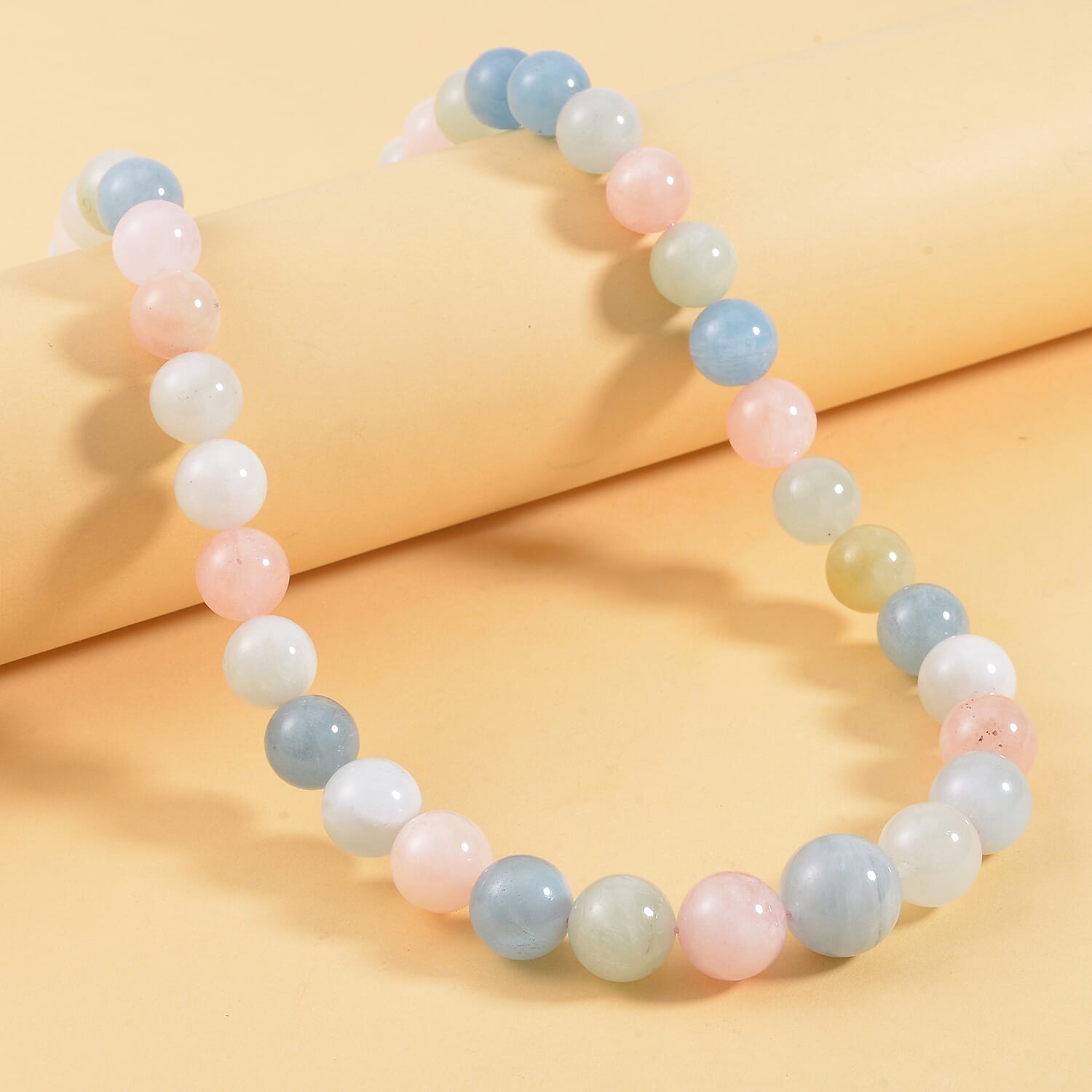 Pink Morganite, Aquamarine, Heliodor Beaded Necklace 20 Inches in Rhodium Over Sterling Silver 595.00 ctw