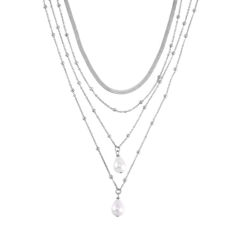 Simulated Pearl Station Necklace 15.5-19.5 Inches in Silvertone