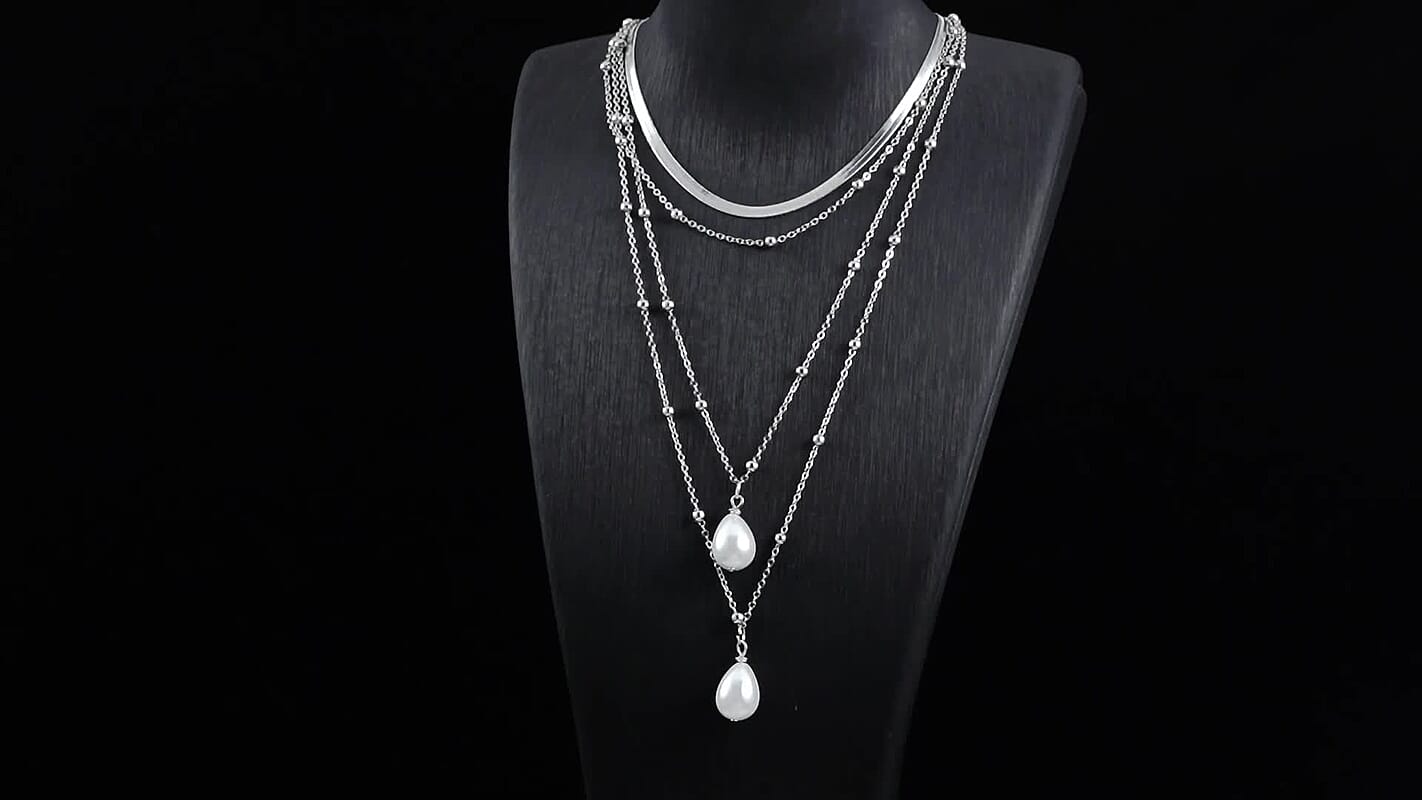 Simulated Pearl Beaded Station Necklace 15.5-19.5 Inches in Silvertone
