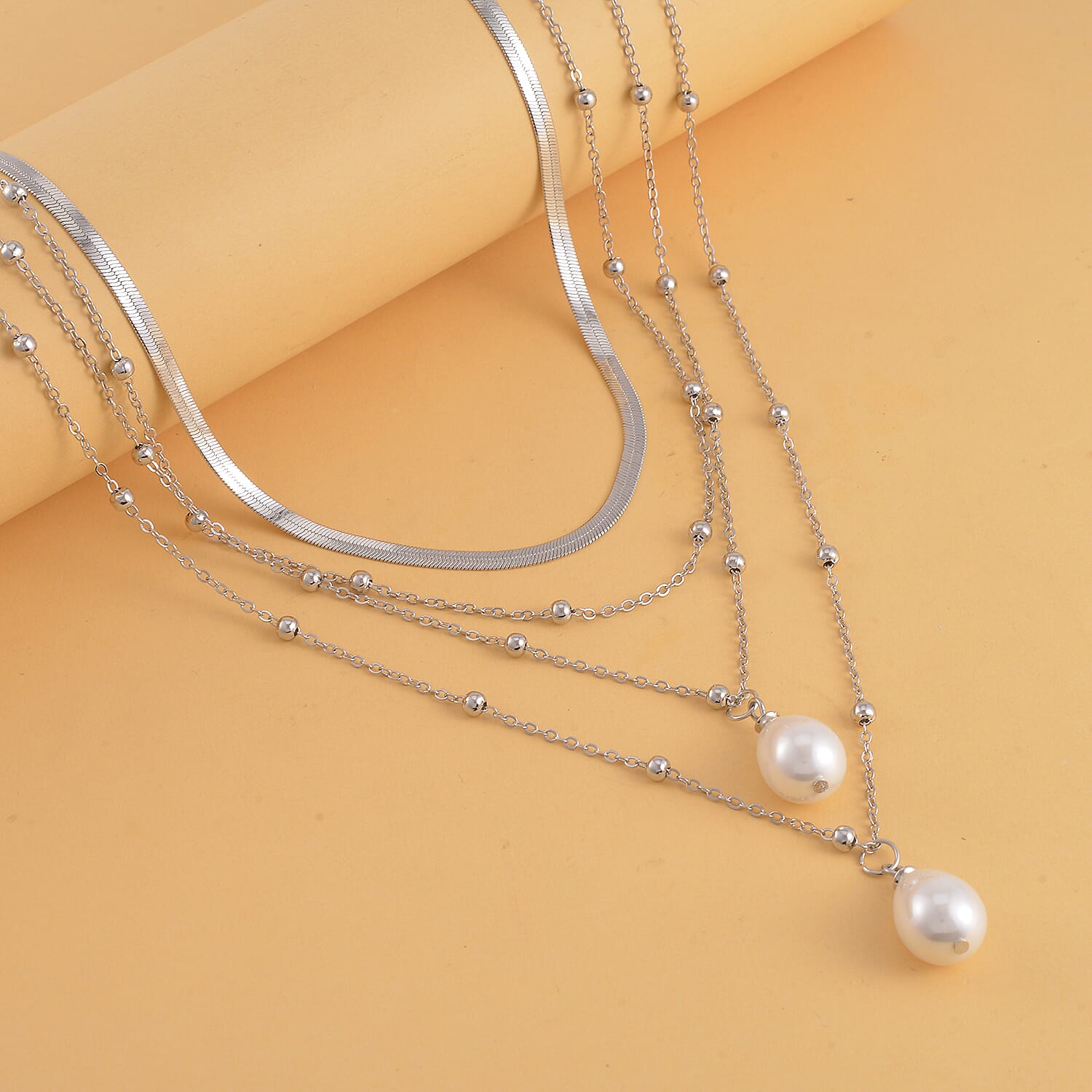 Simulated Pearl Station Necklace 15.5-19.5 Inches in Silvertone