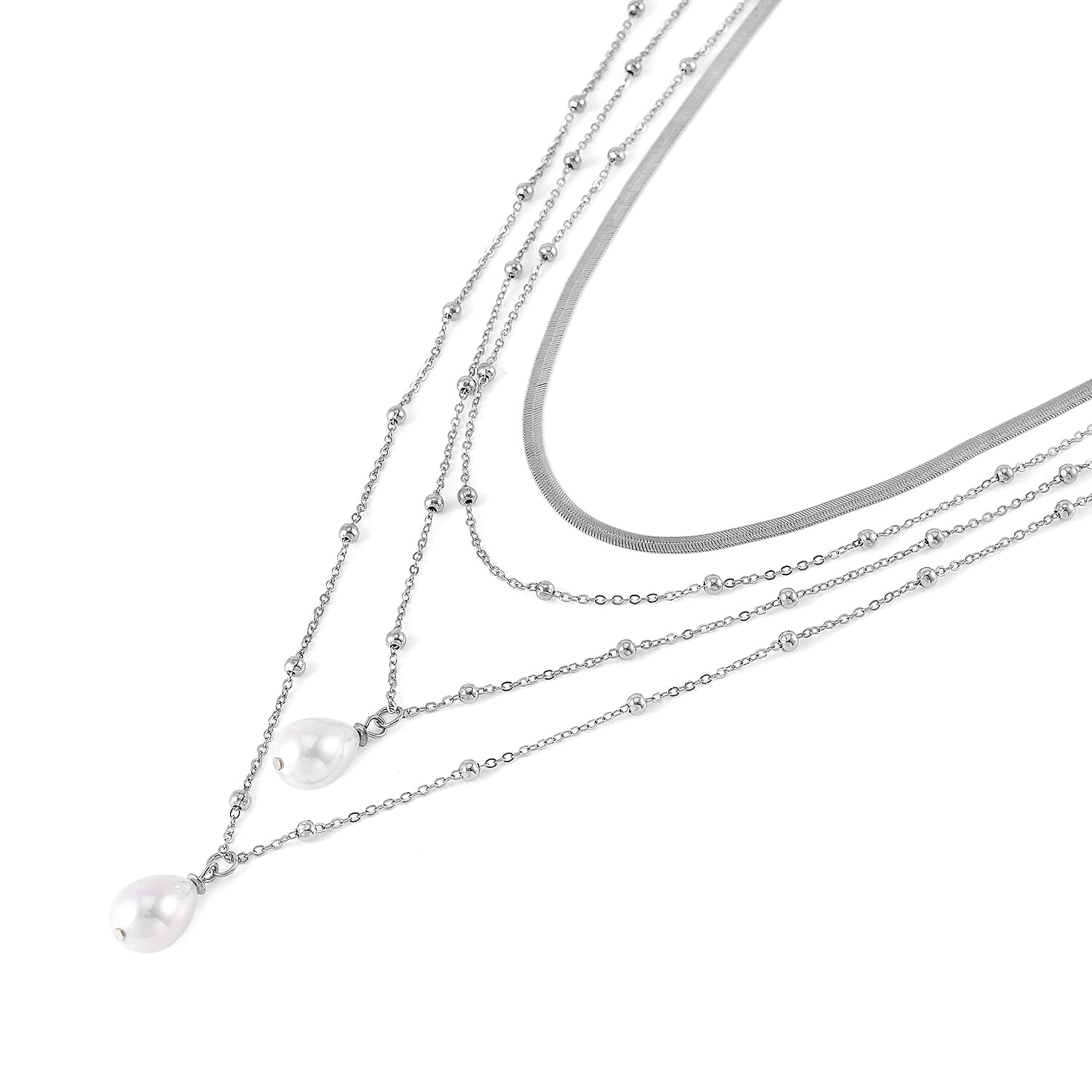 Simulated Pearl Station Necklace 15.5-19.5 Inches in Silvertone