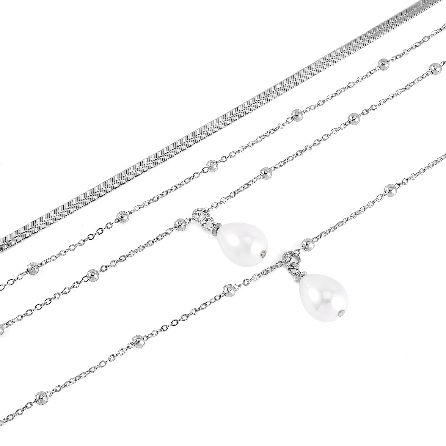 Simulated Pearl Station Necklace 15.5-19.5 Inches in Silvertone