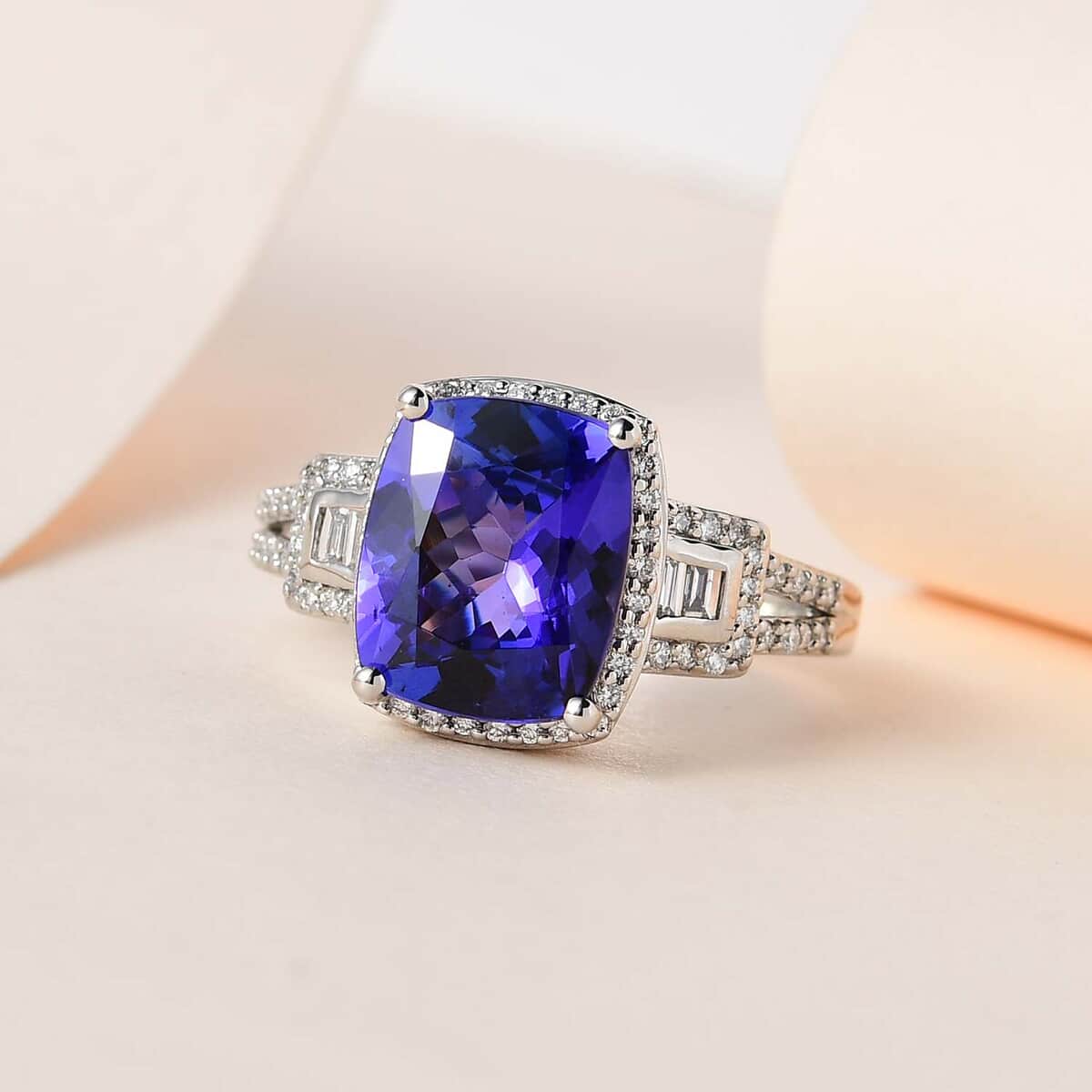 Rhapsody 950 Platinum AAAA Tanzanite and E-F VS2 Diamond Ring (Size 9.0) 5.50 Grams 4.10 ctw image number 1