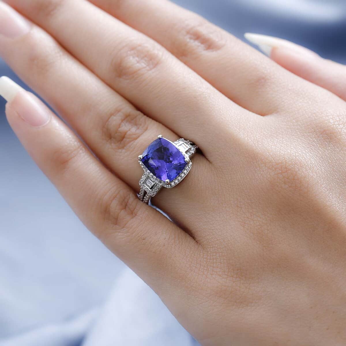 Rhapsody 950 Platinum AAAA Tanzanite and E-F VS2 Diamond Ring (Size 9.0) 5.50 Grams 4.10 ctw image number 2