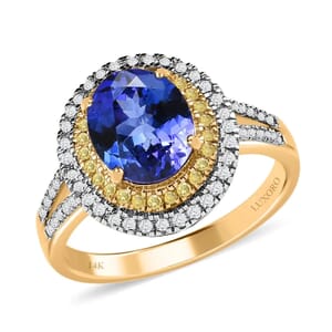 Luxoro 14K Yellow Gold AAA Tanzanite, I2-I3 Natural Yellow and White Diamond Double Halo Ring (Size 8.0) 2.75 ctw