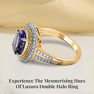 Luxoro 14K Yellow Gold AAA Tanzanite, I2-I3 Natural Yellow and White Diamond Double Halo Ring (Size 8.0) 2.75 ctw