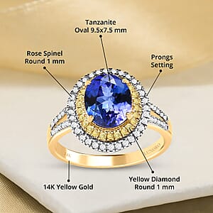 Luxoro 14K Yellow Gold AAA Tanzanite, I2-I3 Natural Yellow and White Diamond Double Halo Ring (Size 8.0) 2.75 ctw