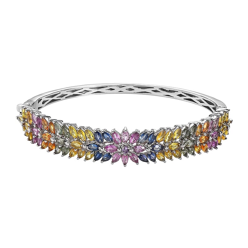 Multi Sapphire Floral Spray Bangle Bracelet in Platinum Over Sterling Silver (7.25 In) 14.15 ctw