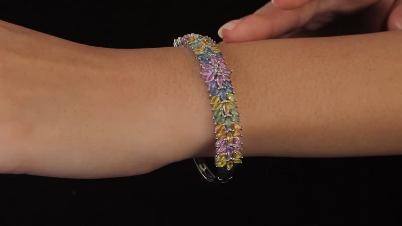 Multi Sapphire Floral Spray Bangle Bracelet in Platinum Over Sterling Silver (7.25 In) 14.15 ctw