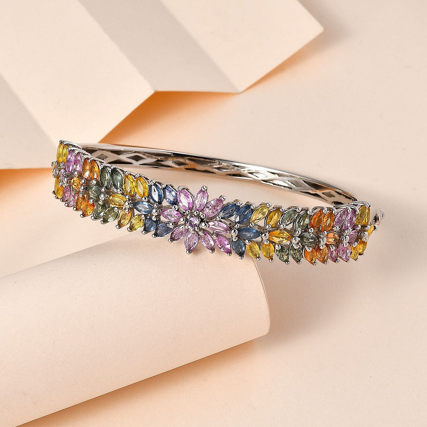 Multi Sapphire Floral Spray Bangle Bracelet in Platinum Over Sterling Silver (7.25 In) 14.15 ctw