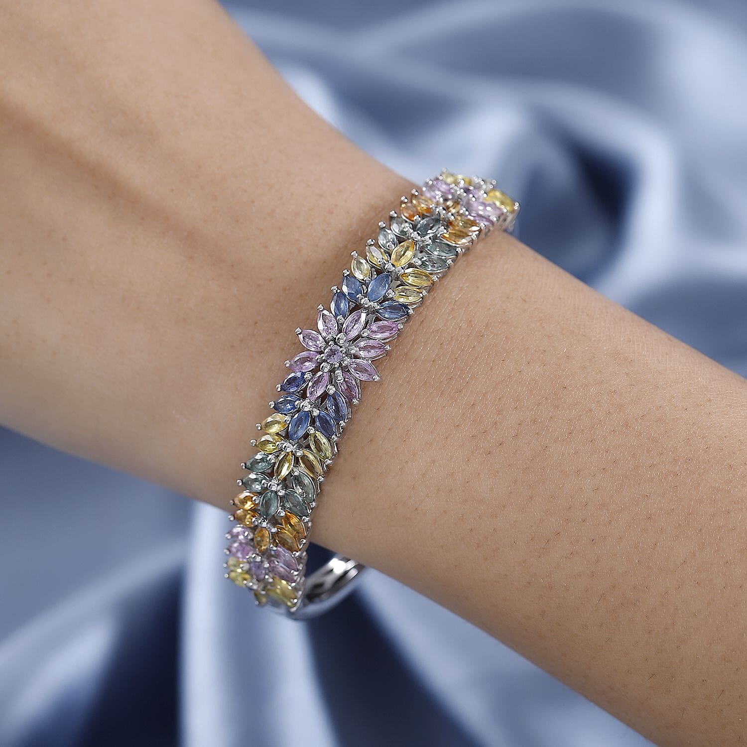 Multi Sapphire Floral Spray Bangle Bracelet in Platinum Over Sterling Silver (7.25 In) 14.15 ctw