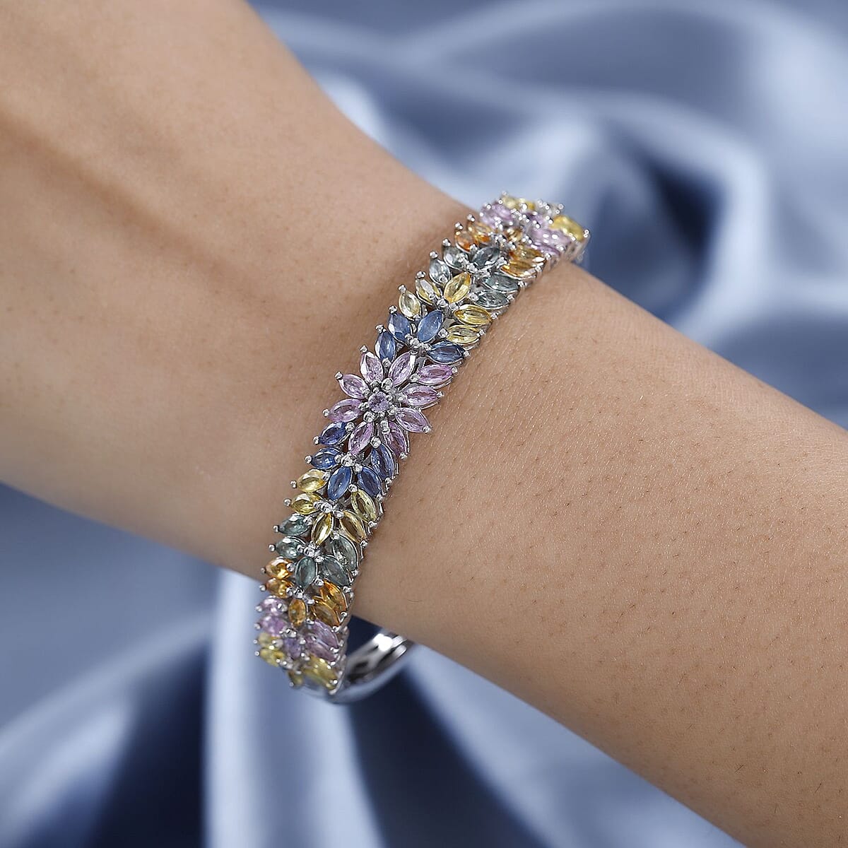 Multi Sapphire Floral Spray Bangle Bracelet in Platinum Over Sterling Silver (7.25 In) 14.15 ctw image number 2