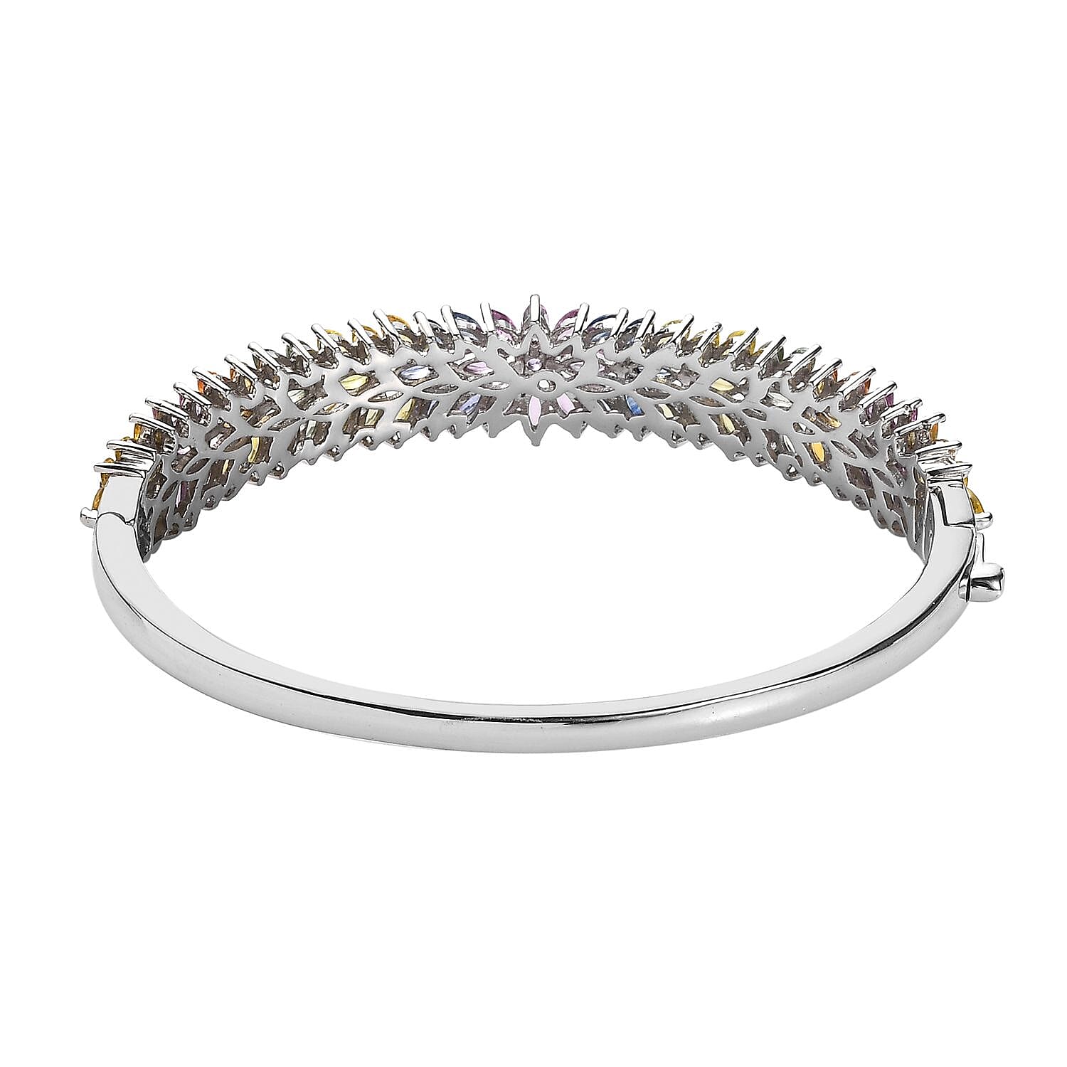 Multi Sapphire Floral Spray Bangle Bracelet in Platinum Over Sterling Silver (7.25 In) 14.15 ctw