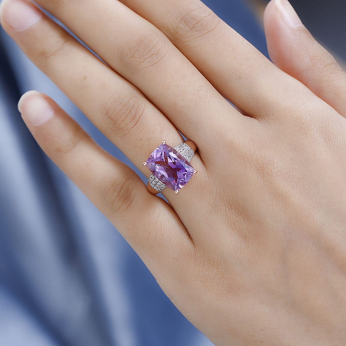 AAA Rose De France Amethyst and White Zircon Ring in Vermeil Rose Gold Over Sterling Silver 7.15 ctw image number 2