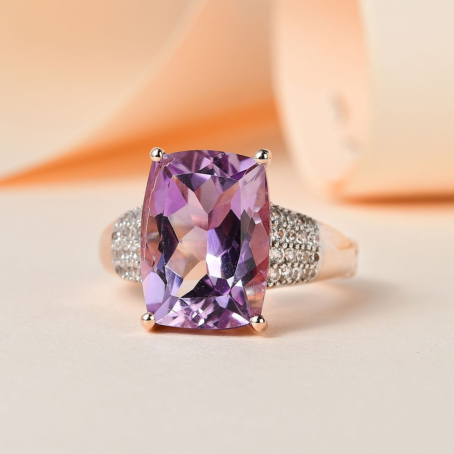 AAA Rose De France Amethyst and White Zircon Ring in Vermeil Rose Gold Over Sterling Silver (Size 6.0) 7.15 ctw